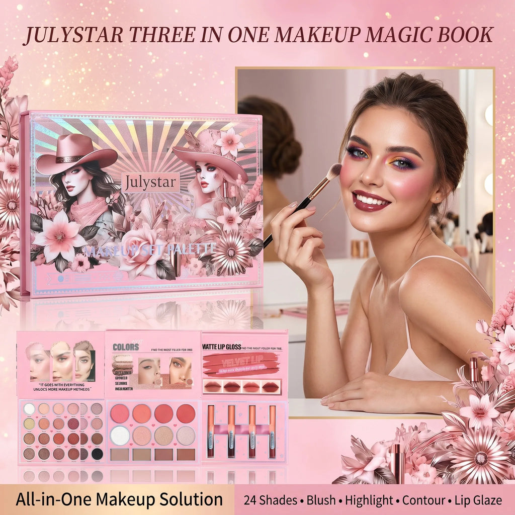 Livro Mágico de Maquiagem Três em Um: Paleta de Sombras com 24 Cores, Blush em Pó, Iluminador Facial e Gloss Labial Integrados
