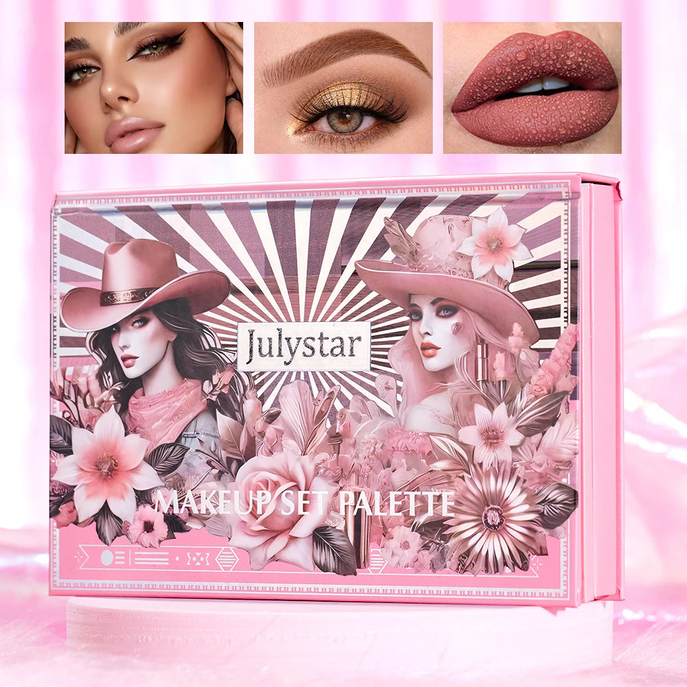 Livro Mágico de Maquiagem Três em Um: Paleta de Sombras com 24 Cores, Blush em Pó, Iluminador Facial e Gloss Labial Integrados