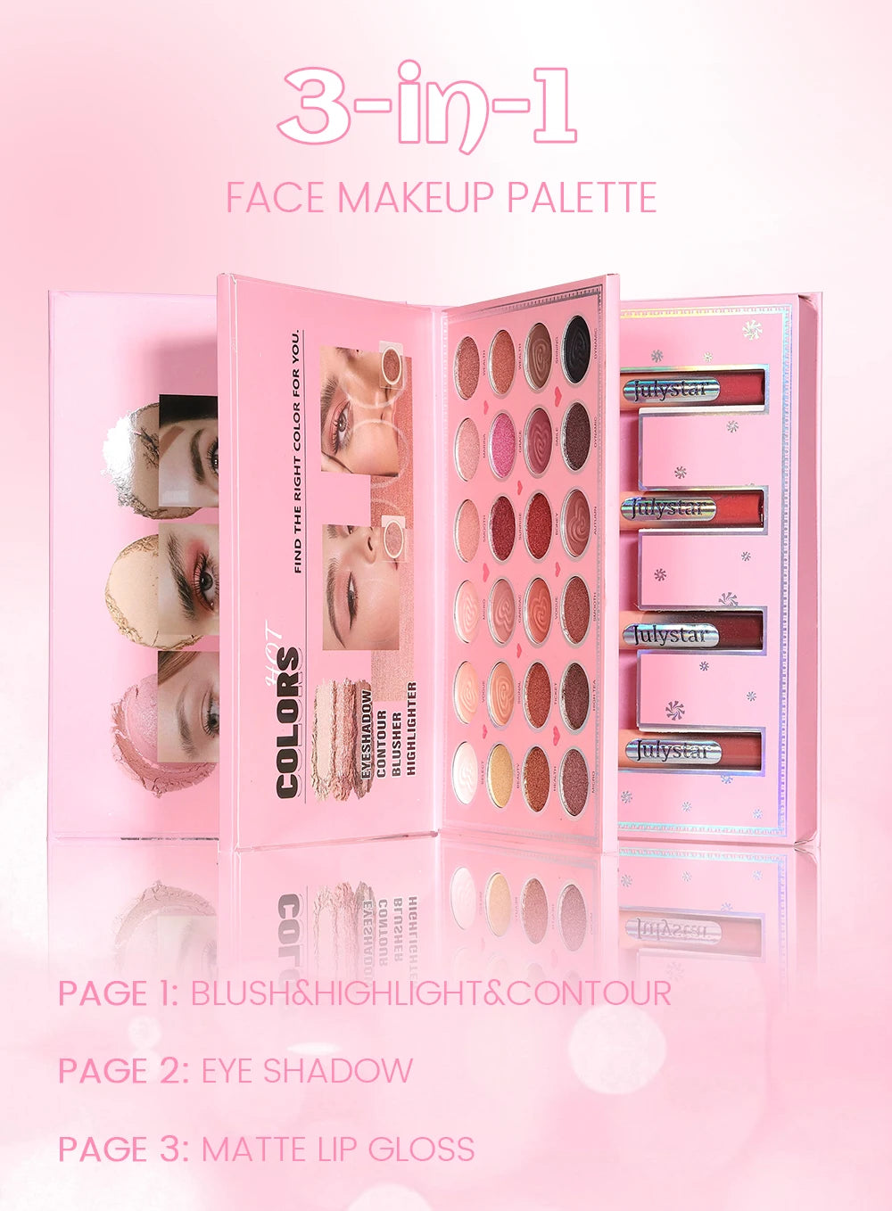 Livro Mágico de Maquiagem Três em Um: Paleta de Sombras com 24 Cores, Blush em Pó, Iluminador Facial e Gloss Labial Integrados