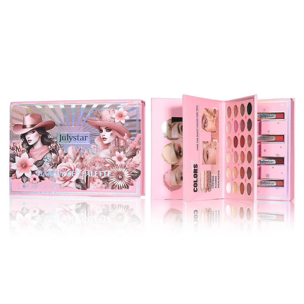 Livro Mágico de Maquiagem Três em Um: Paleta de Sombras com 24 Cores, Blush em Pó, Iluminador Facial e Gloss Labial Integrados