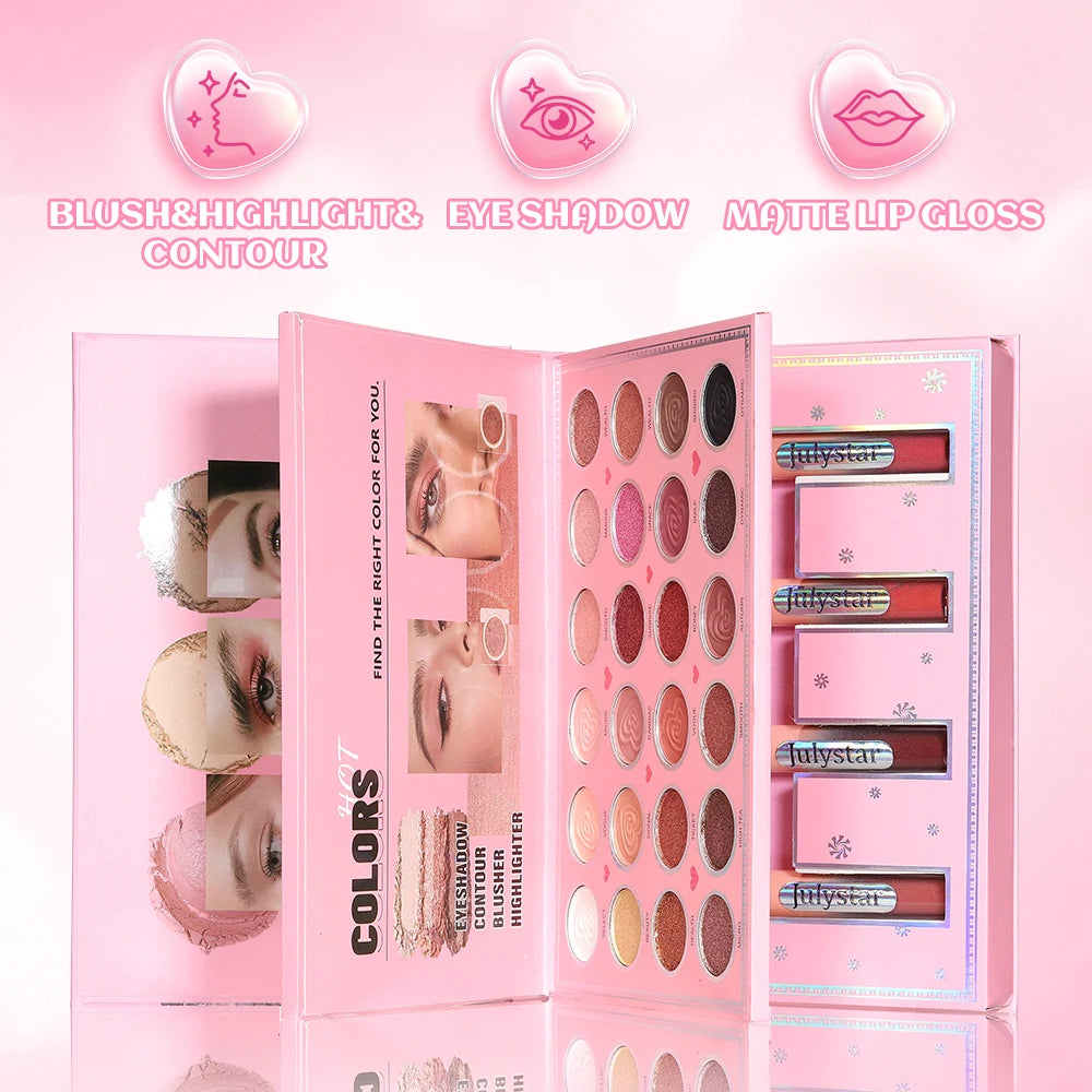 Livro Mágico de Maquiagem Três em Um: Paleta de Sombras com 24 Cores, Blush em Pó, Iluminador Facial e Gloss Labial Integrados