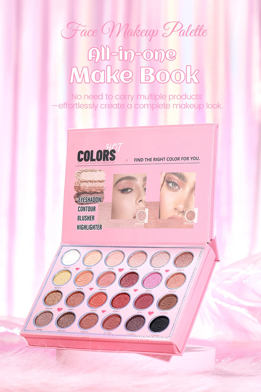 Livro Mágico de Maquiagem Três em Um: Paleta de Sombras com 24 Cores, Blush em Pó, Iluminador Facial e Gloss Labial Integrados