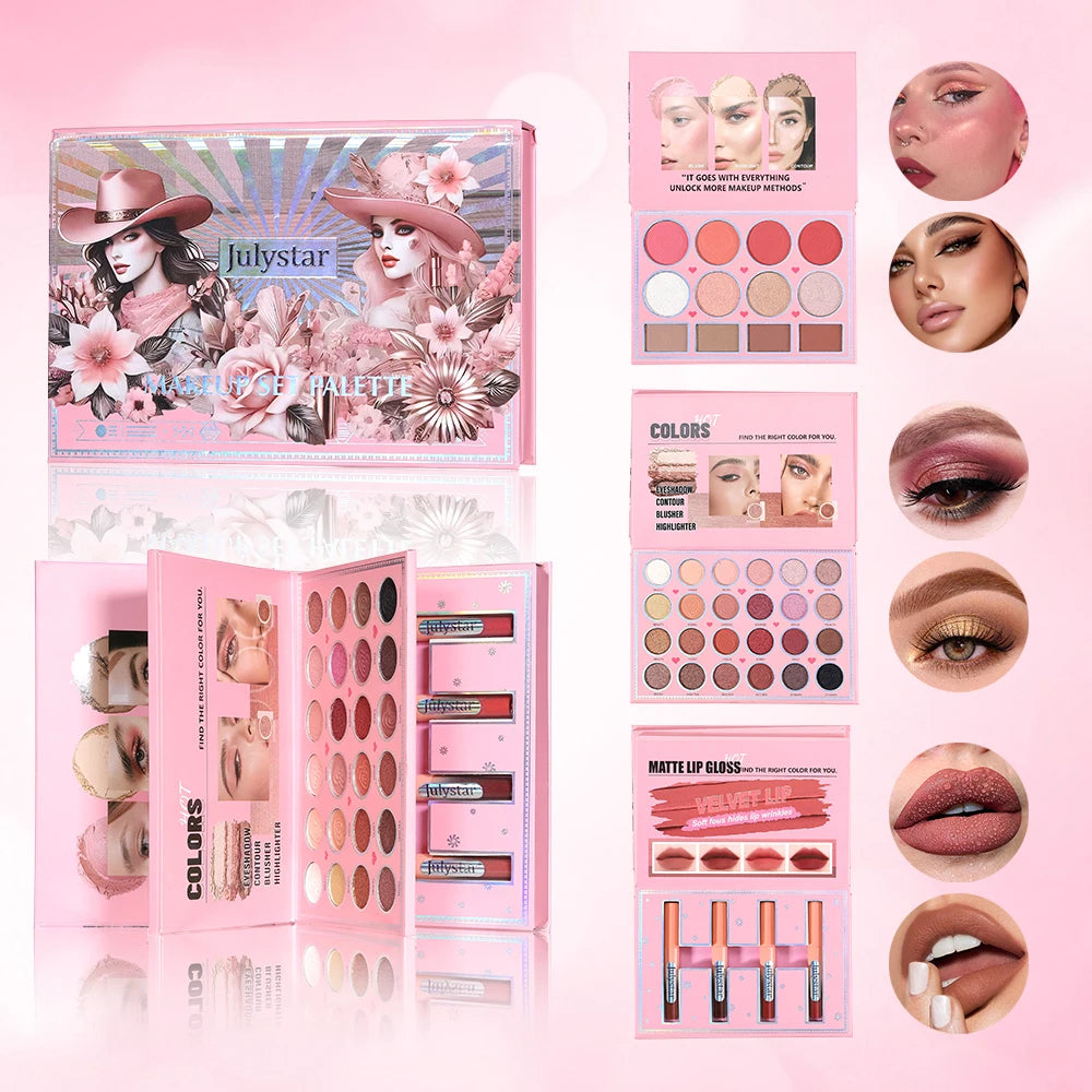 Livro Mágico de Maquiagem Três em Um: Paleta de Sombras com 24 Cores, Blush em Pó, Iluminador Facial e Gloss Labial Integrados