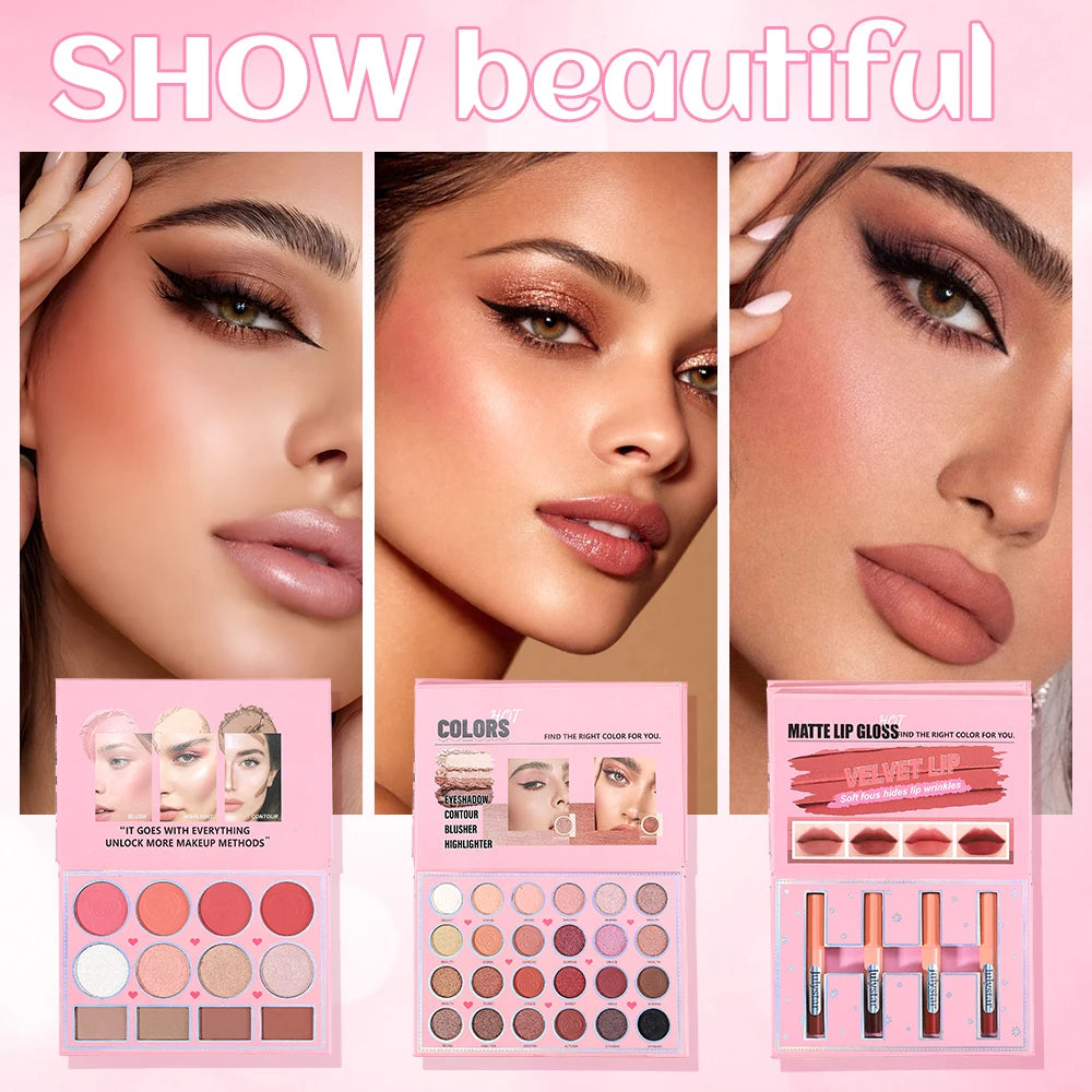 Livro Mágico de Maquiagem Três em Um: Paleta de Sombras com 24 Cores, Blush em Pó, Iluminador Facial e Gloss Labial Integrados