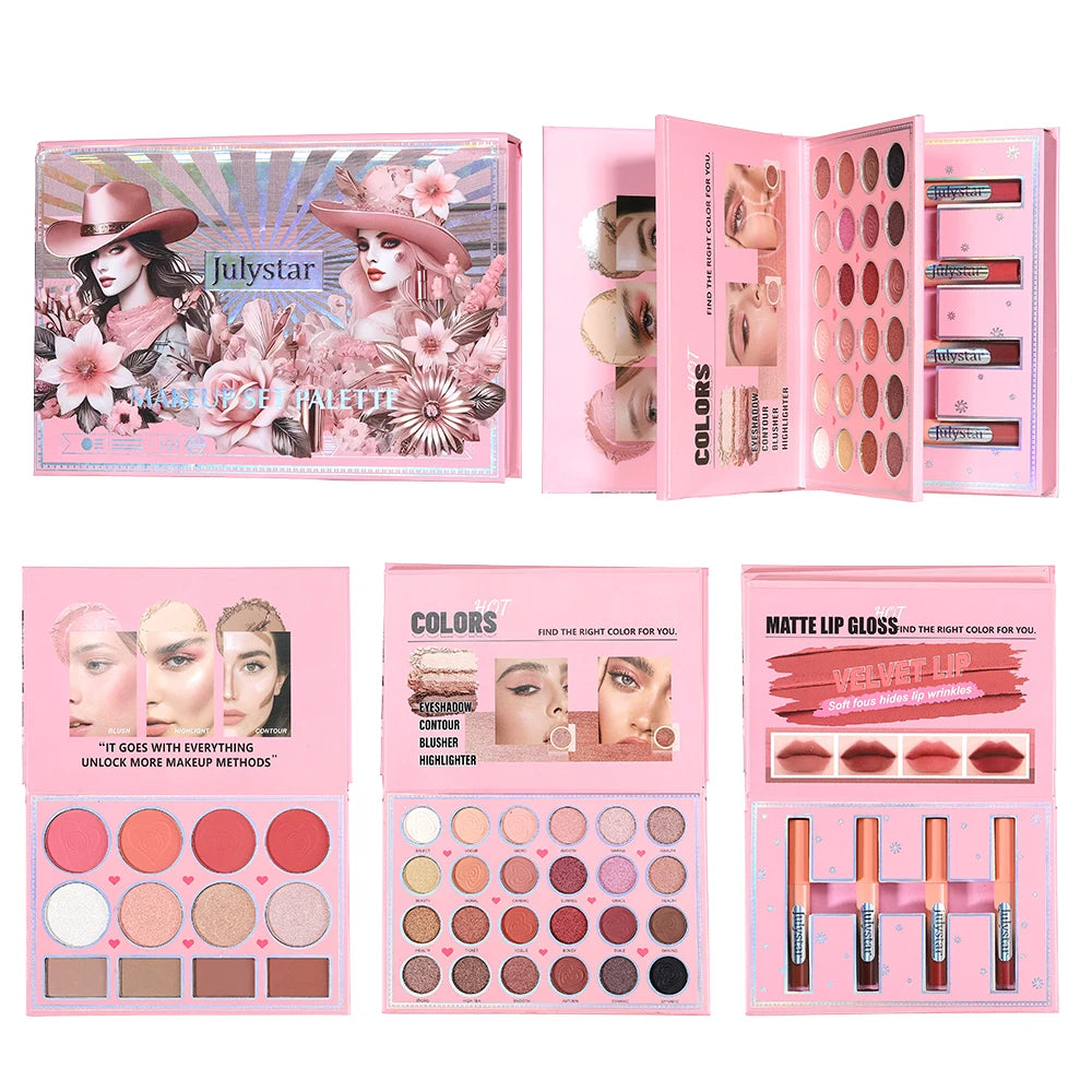 Livro Mágico de Maquiagem Três em Um: Paleta de Sombras com 24 Cores, Blush em Pó, Iluminador Facial e Gloss Labial Integrados