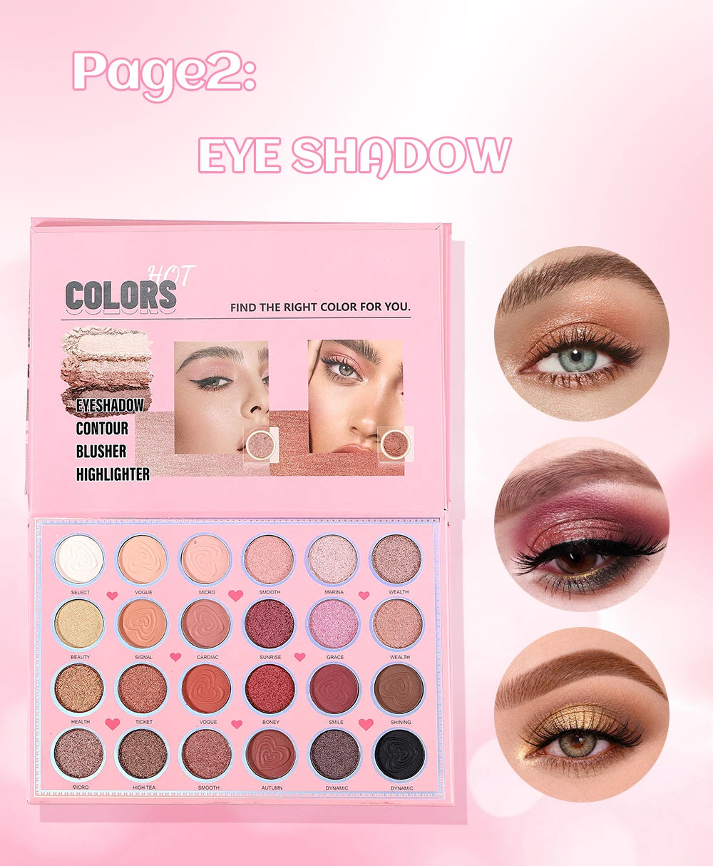 Livro Mágico de Maquiagem Três em Um: Paleta de Sombras com 24 Cores, Blush em Pó, Iluminador Facial e Gloss Labial Integrados