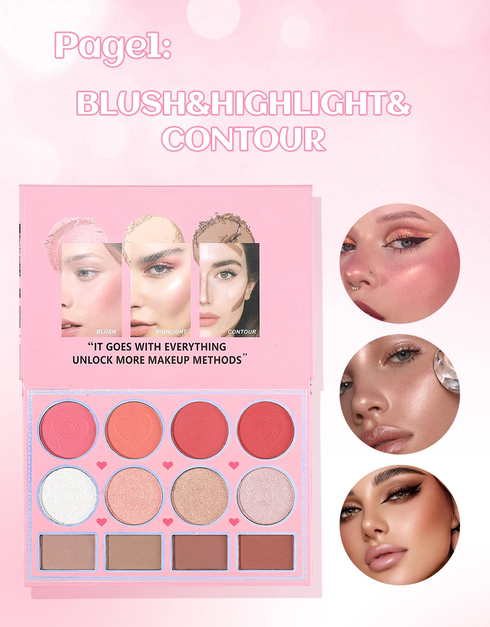 Livro Mágico de Maquiagem Três em Um: Paleta de Sombras com 24 Cores, Blush em Pó, Iluminador Facial e Gloss Labial Integrados