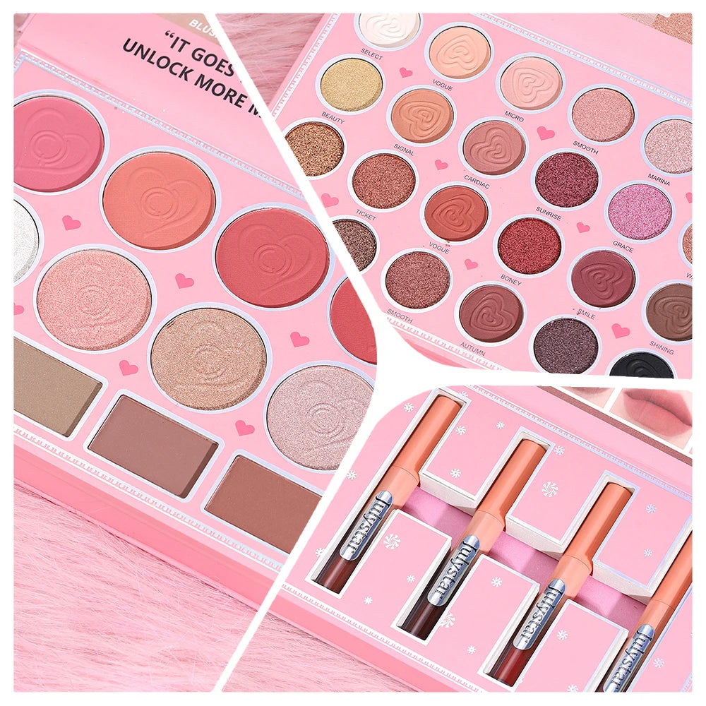 Livro Mágico de Maquiagem Três em Um: Paleta de Sombras com 24 Cores, Blush em Pó, Iluminador Facial e Gloss Labial Integrados