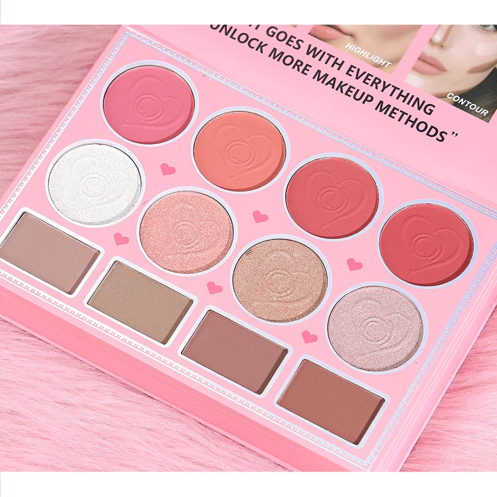 Livro Mágico de Maquiagem Três em Um: Paleta de Sombras com 24 Cores, Blush em Pó, Iluminador Facial e Gloss Labial Integrados