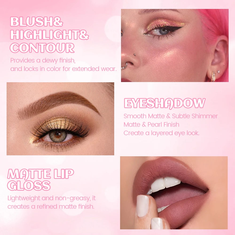 Livro Mágico de Maquiagem Três em Um: Paleta de Sombras com 24 Cores, Blush em Pó, Iluminador Facial e Gloss Labial Integrados