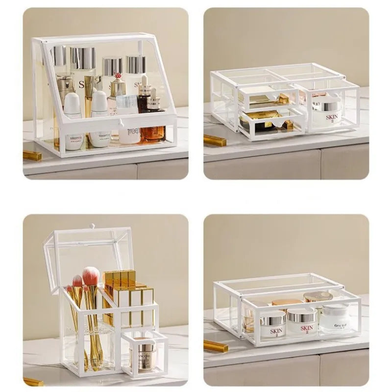 Caixa organizadora de maquiagem de vidro, batons cosméticos, escova, suporte de armazenamento de joias, luxo, casa, desktop, prateleiras de banheiro