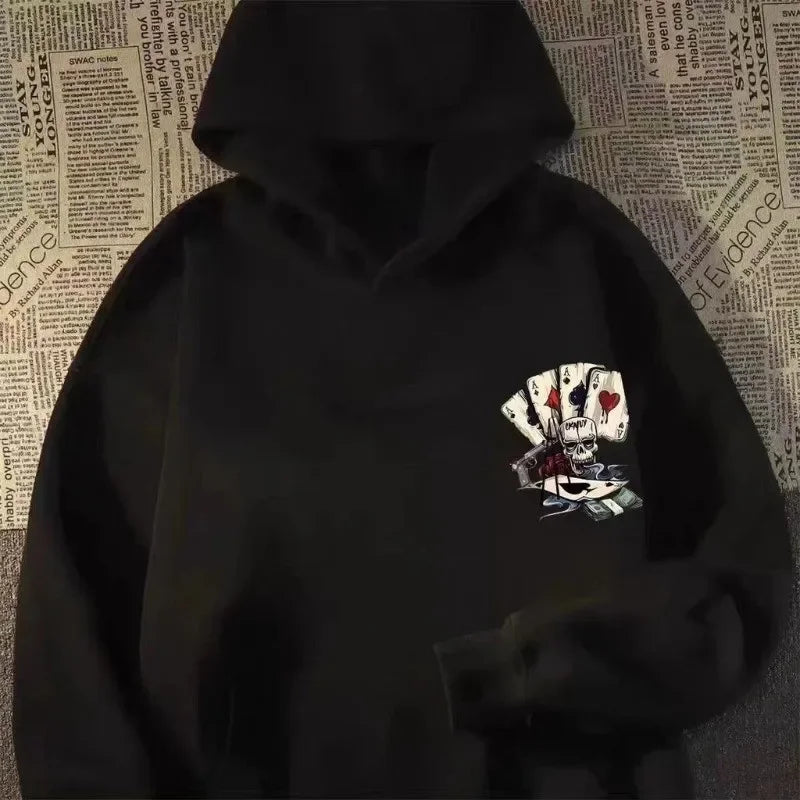 Pulôver com capuz masculino e feminino da moda, estampas de pôquer dee esqueleto da moda, roupas casuais de casal de manga comprida, estilo de rua