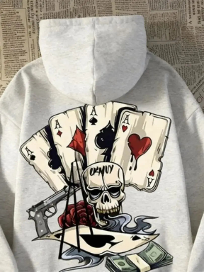 Pulôver com capuz masculino e feminino da moda, estampas de pôquer dee esqueleto da moda, roupas casuais de casal de manga comprida, estilo de rua