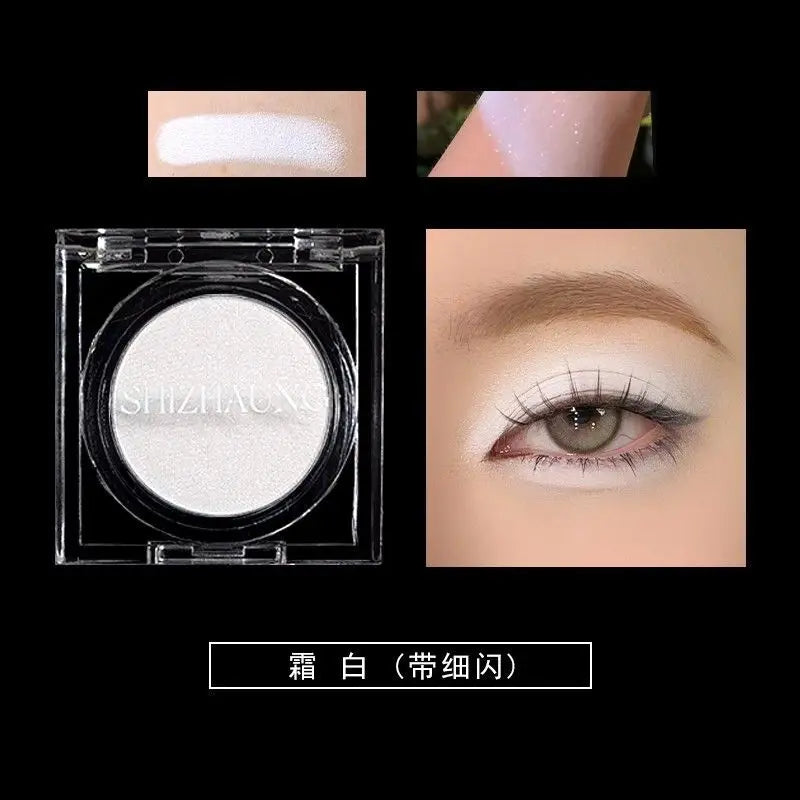 Sombra monocromática, cor fosca, alta saturação, renderização de cores altas, brilho fino branco, maquiagem para os olhos de alto brilho, camaleão