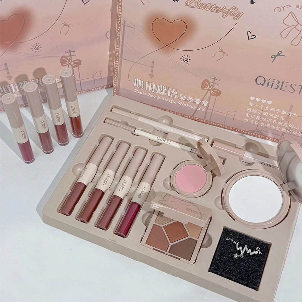 Conjunto de Maquiagem Facial com Brilho Labial Duplo, Pó Compacto, Blush, Sombra, Caneta para Sobrancelhas, Delineador, Óleo Labial, Cosméticos de Presente