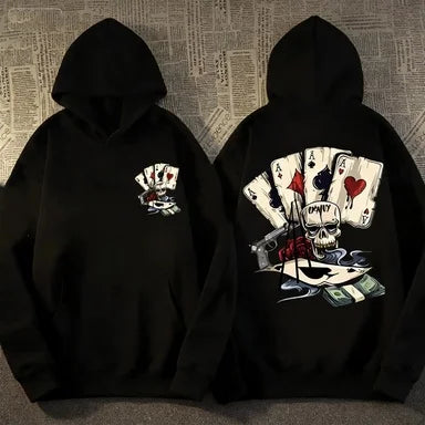 Pulôver com capuz masculino e feminino da moda, estampas de pôquer dee esqueleto da moda, roupas casuais de casal de manga comprida, estilo de rua