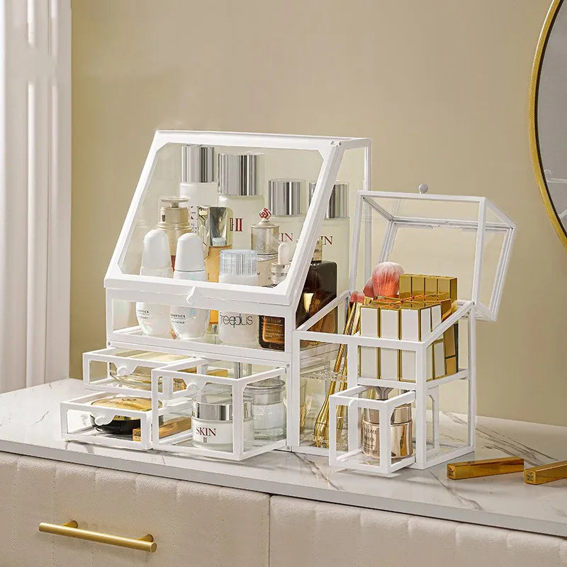 Caixa organizadora de maquiagem de vidro, batons cosméticos, escova, suporte de armazenamento de joias, luxo, casa, desktop, prateleiras de banheiro