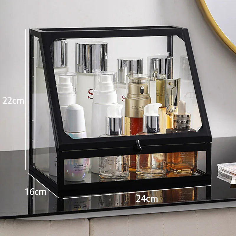 Caixa organizadora de maquiagem de vidro, batons cosméticos, escova, suporte de armazenamento de joias, luxo, casa, desktop, prateleiras de banheiro