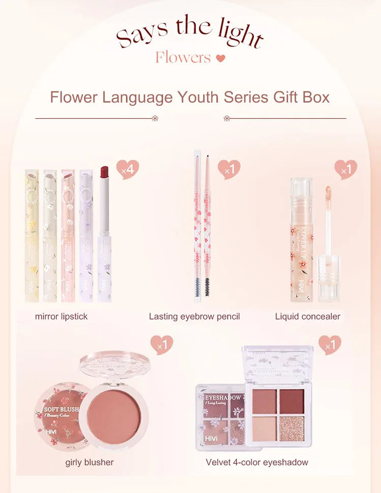 Conjunto de beleza de 8 peças com batom, corretivo, sombra, sobrancelha e blush