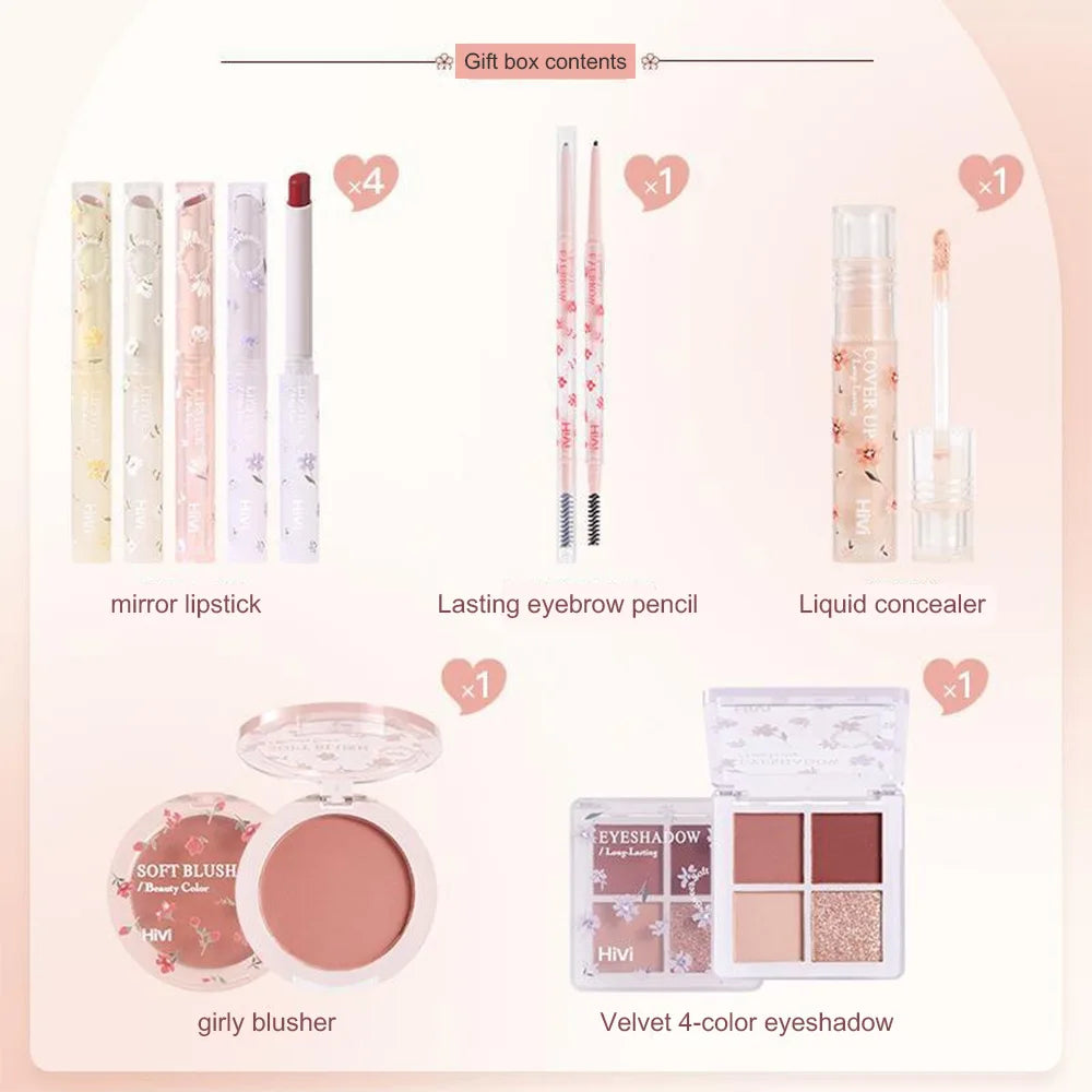 Conjunto de beleza de 8 peças com batom, corretivo, sombra, sobrancelha e blush