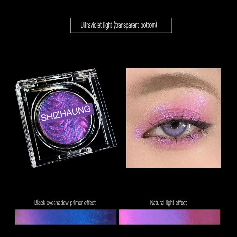 Sombra monocromática, cor fosca, alta saturação, renderização de cores altas, brilho fino branco, maquiagem para os olhos de alto brilho, camaleão