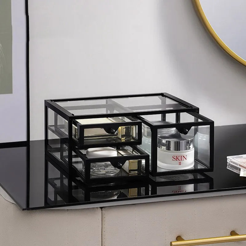Caixa organizadora de maquiagem de vidro, batons cosméticos, escova, suporte de armazenamento de joias, luxo, casa, desktop, prateleiras de banheiro