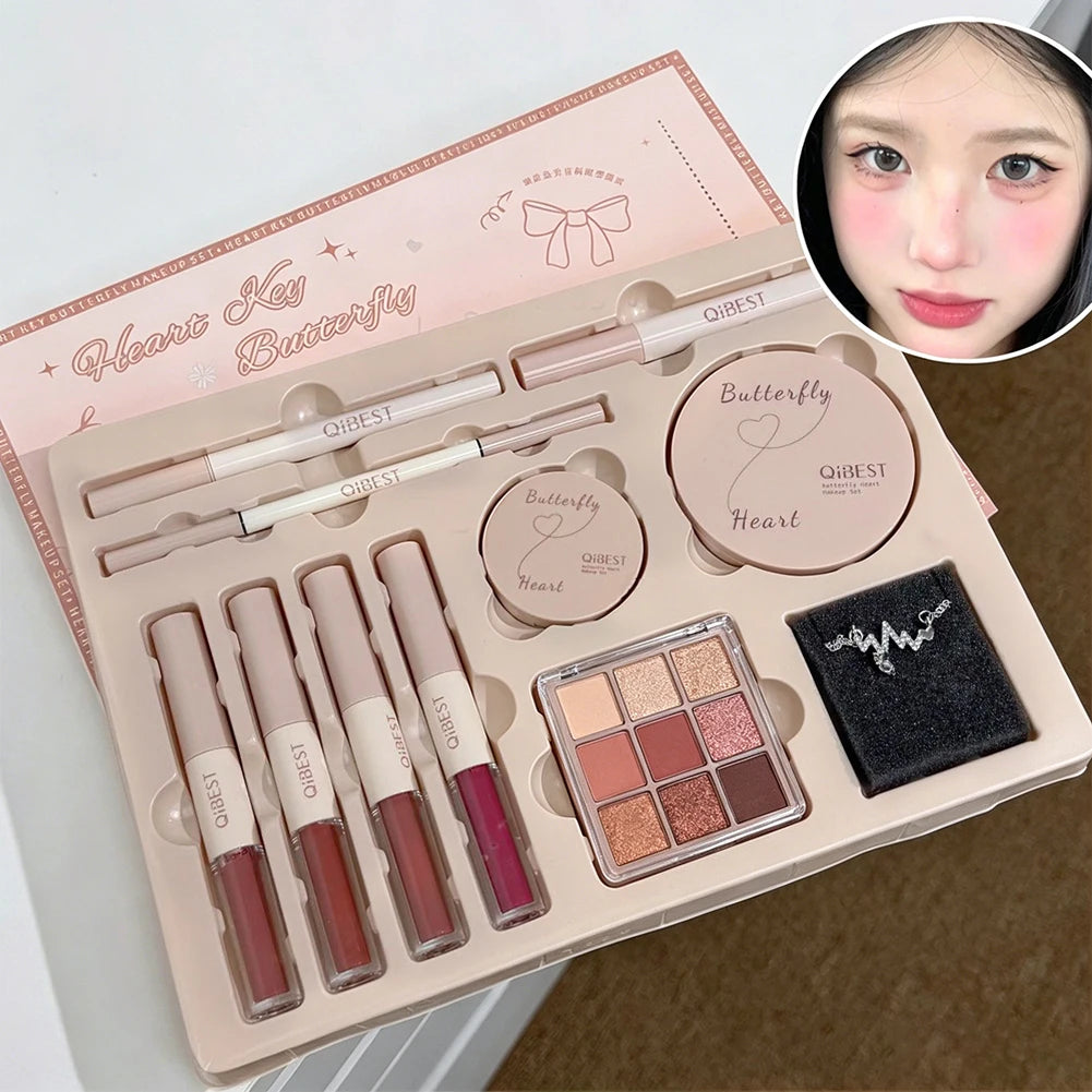 Conjunto de Maquiagem Facial com Brilho Labial Duplo, Pó Compacto, Blush, Sombra, Caneta para Sobrancelhas, Delineador, Óleo Labial, Cosméticos de Presente
