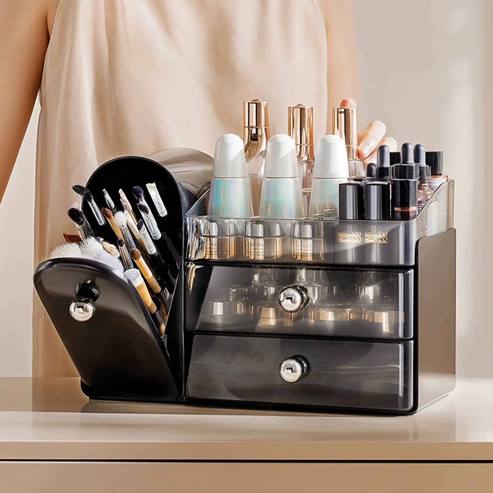 Caixa de armazenamento multifuncional de cosméticos, organizador de batom e lápis de sobrancelha de penteadeira, produto de cuidados com a pele de grande capacidade, pincel de maquiagem, armazenamento de máscara facial, ca