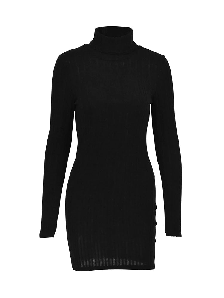 Vestidos femininos elegantes festa outono inverno novo gola alta mangas compridas sexy bainha mini vestidos bodycon clube vestido de malha