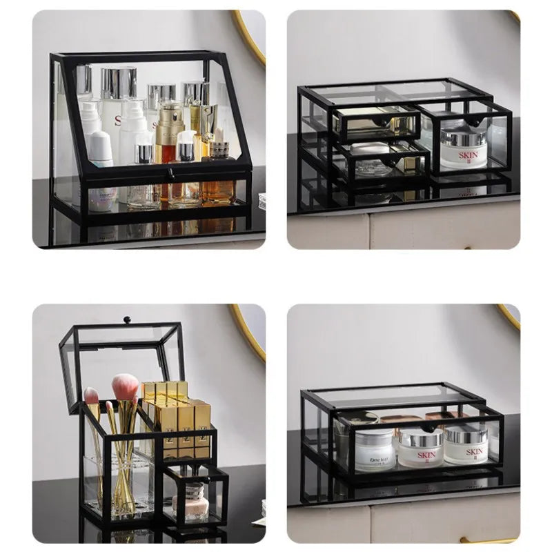 Caixa organizadora de maquiagem de vidro, batons cosméticos, escova, suporte de armazenamento de joias, luxo, casa, desktop, prateleiras de banheiro