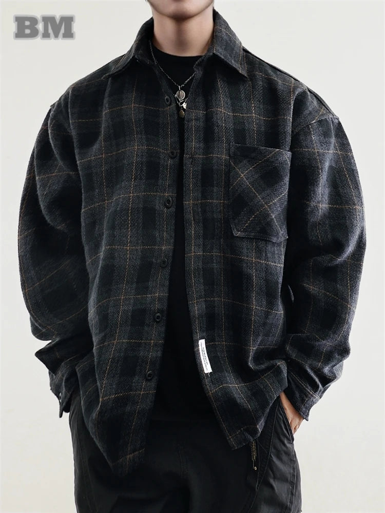 Camisa Flanela Masculina Xadrez — Estilo Vintage Americano, Manga Longa, Oversized, Casual e Workwear Outono/Inverno