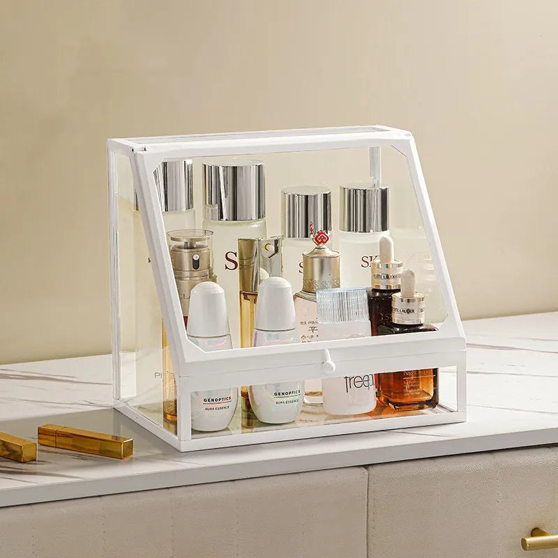 Caixa organizadora de maquiagem de vidro, batons cosméticos, escova, suporte de armazenamento de joias, luxo, casa, desktop, prateleiras de banheiro