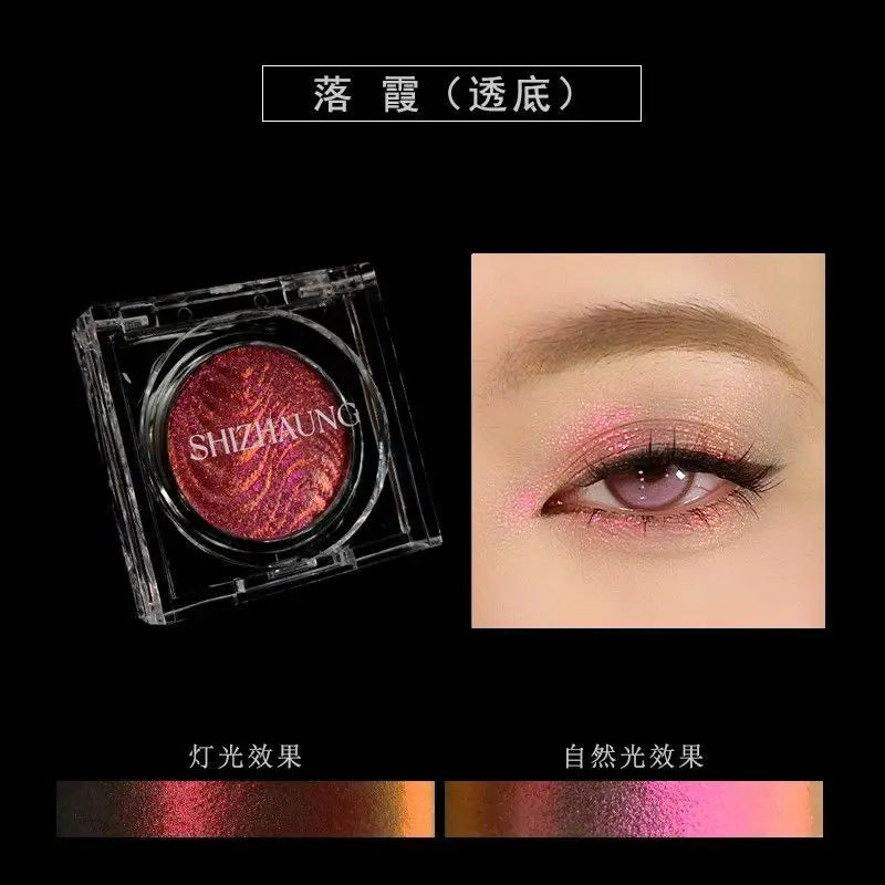 Sombra monocromática, cor fosca, alta saturação, renderização de cores altas, brilho fino branco, maquiagem para os olhos de alto brilho, camaleão