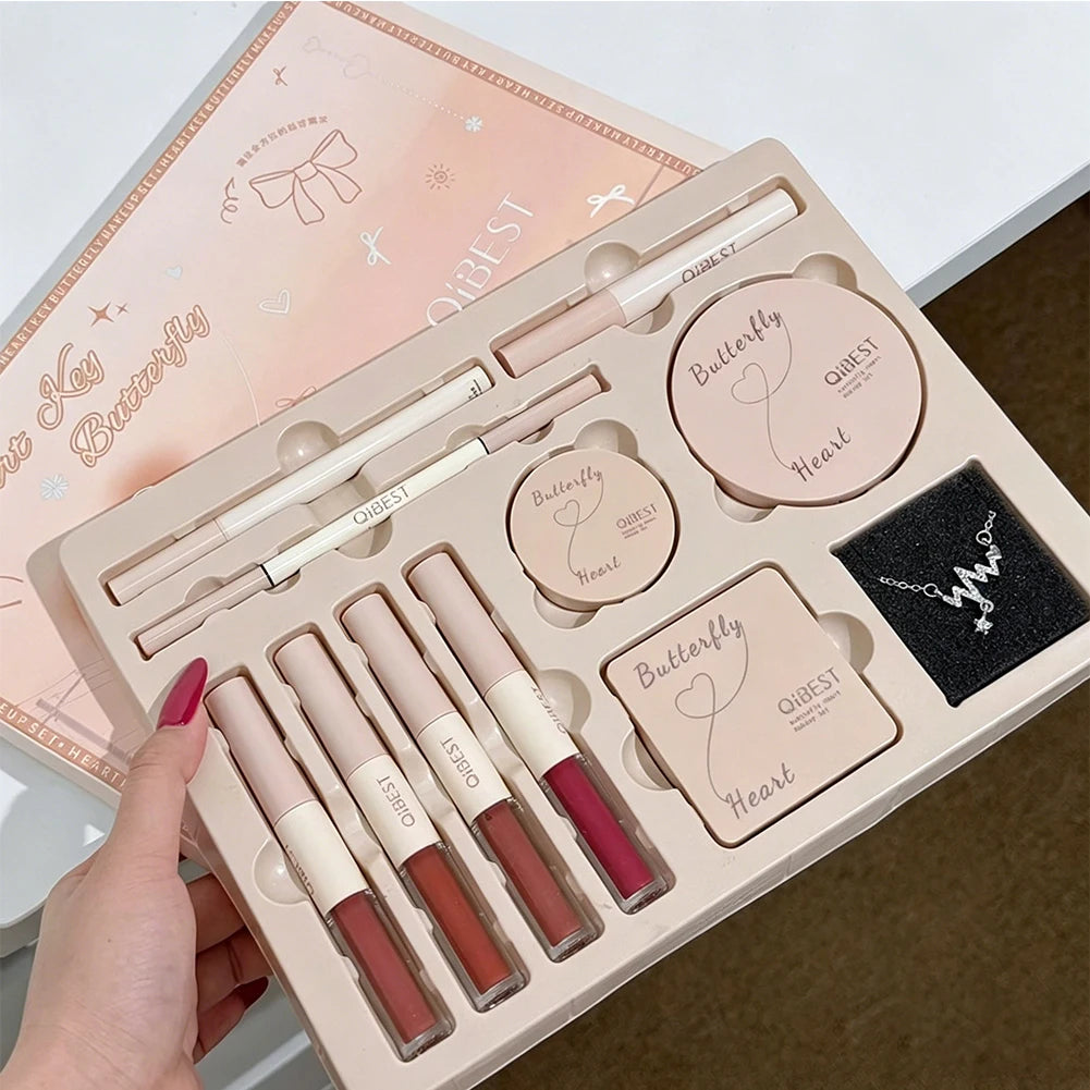 Conjunto de Maquiagem Facial com Brilho Labial Duplo, Pó Compacto, Blush, Sombra, Caneta para Sobrancelhas, Delineador, Óleo Labial, Cosméticos de Presente