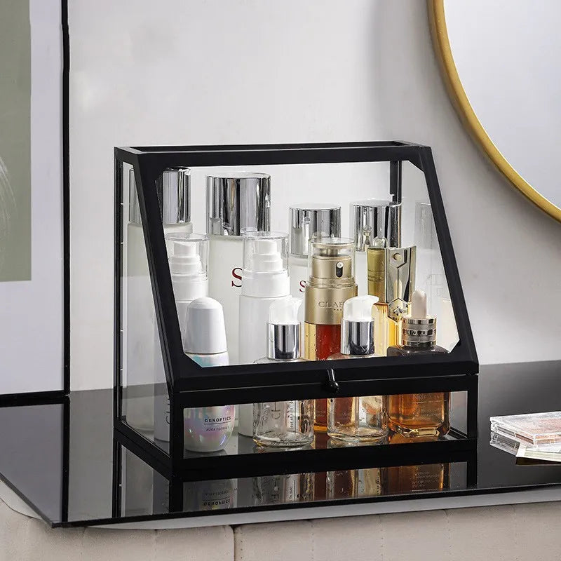 Caixa organizadora de maquiagem de vidro, batons cosméticos, escova, suporte de armazenamento de joias, luxo, casa, desktop, prateleiras de banheiro