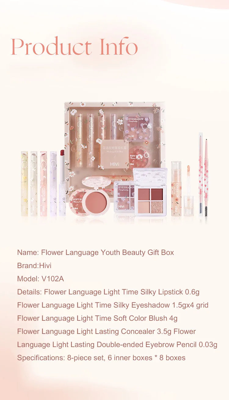 Conjunto de beleza de 8 peças com batom, corretivo, sombra, sobrancelha e blush