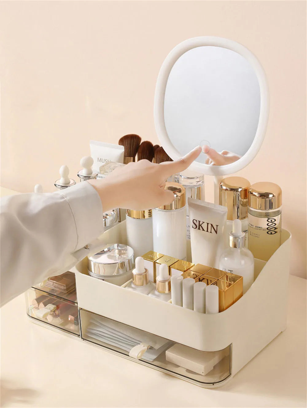 Organizador cosmético estilo gaveta chique com espelho - caixa de armazenamento de maquiagem portátil para cuidados com a pele, batom e muito mais