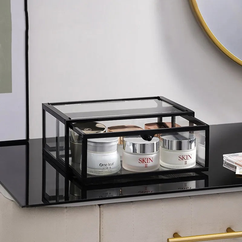 Caixa organizadora de maquiagem de vidro, batons cosméticos, escova, suporte de armazenamento de joias, luxo, casa, desktop, prateleiras de banheiro