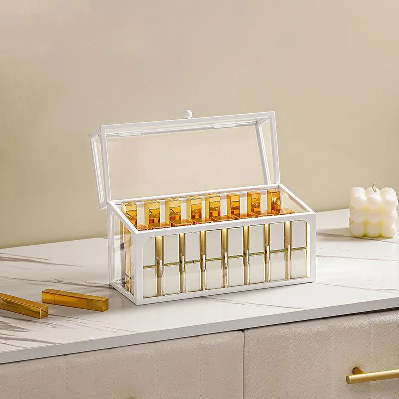 Caixa organizadora de maquiagem de vidro, batons cosméticos, escova, suporte de armazenamento de joias, luxo, casa, desktop, prateleiras de banheiro