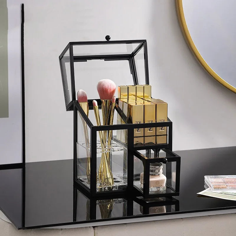 Caixa organizadora de maquiagem de vidro, batons cosméticos, escova, suporte de armazenamento de joias, luxo, casa, desktop, prateleiras de banheiro