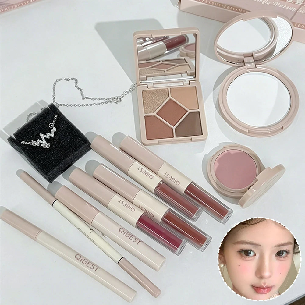 Conjunto de Maquiagem Facial com Brilho Labial Duplo, Pó Compacto, Blush, Sombra, Caneta para Sobrancelhas, Delineador, Óleo Labial, Cosméticos de Presente