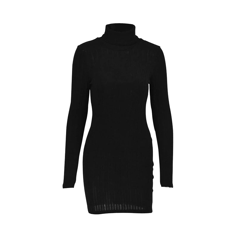 Vestidos femininos elegantes festa outono inverno novo gola alta mangas compridas sexy bainha mini vestidos bodycon clube vestido de malha