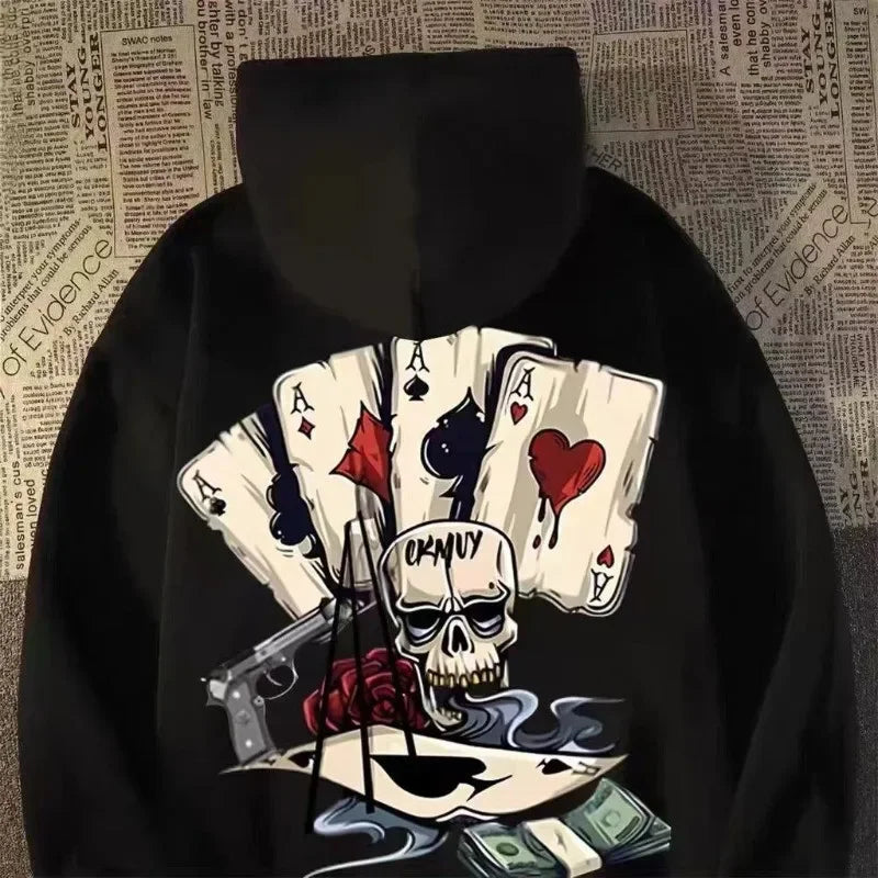 Pulôver com capuz masculino e feminino da moda, estampas de pôquer dee esqueleto da moda, roupas casuais de casal de manga comprida, estilo de rua