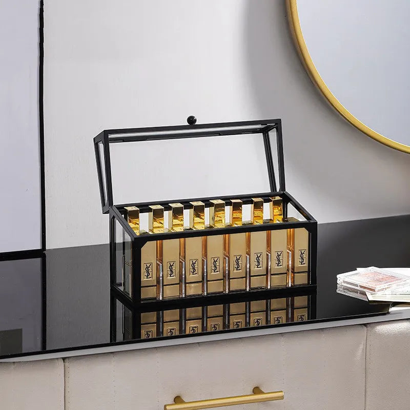 Caixa organizadora de maquiagem de vidro, batons cosméticos, escova, suporte de armazenamento de joias, luxo, casa, desktop, prateleiras de banheiro