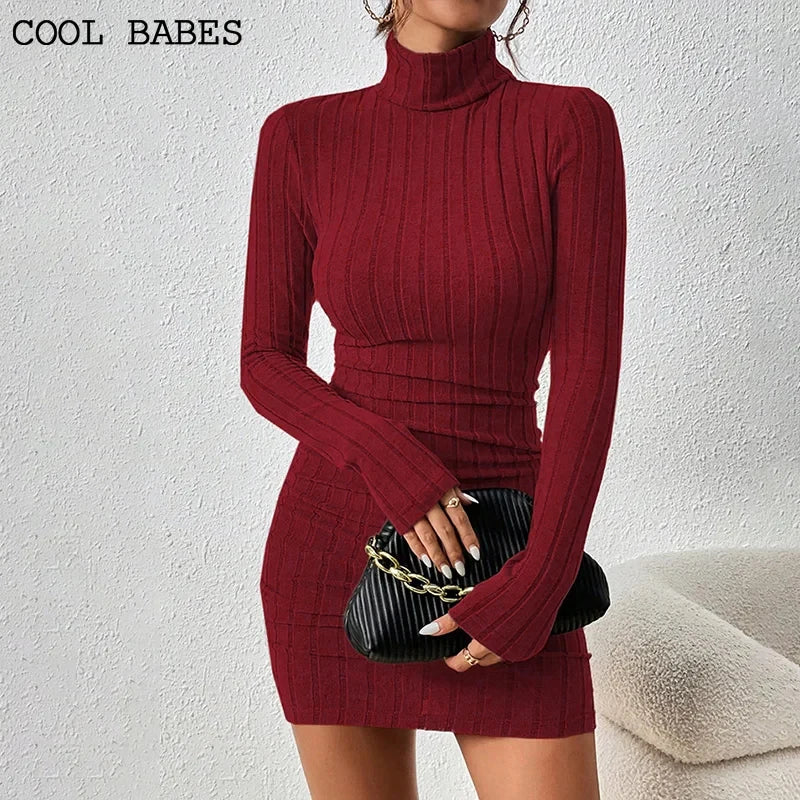 Vestidos femininos elegantes festa outono inverno novo gola alta mangas compridas sexy bainha mini vestidos bodycon clube vestido de malha