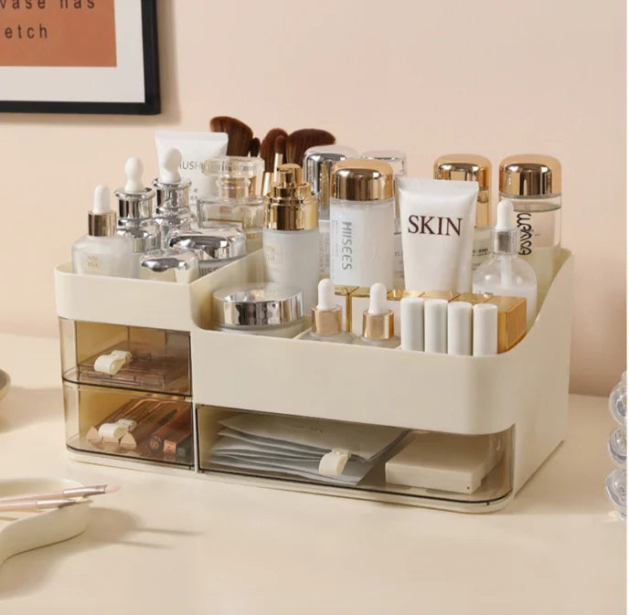 Organizador cosmético estilo gaveta chique com espelho - caixa de armazenamento de maquiagem portátil para cuidados com a pele, batom e muito mais