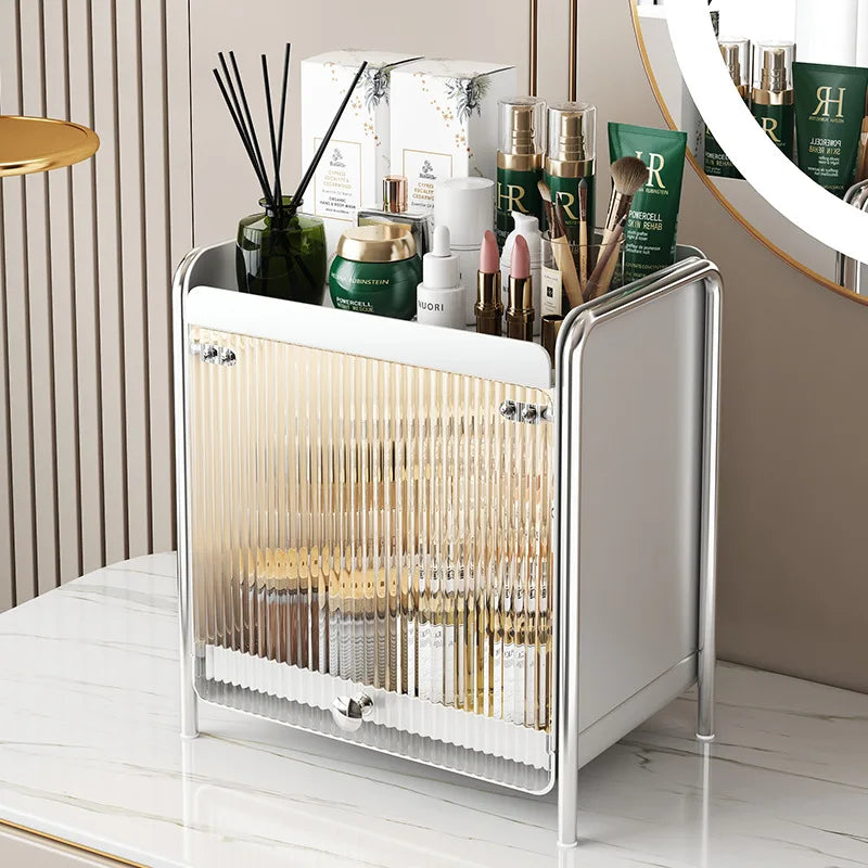 Organizadores de Maquiagem de Mesa, Caixa de Armazenamento de Cosméticos de Luxo Leve, Armário de Armazenamento à Prova de Poeira, Rack de Armazenamento para Cuidados com a Pele no Banheiro