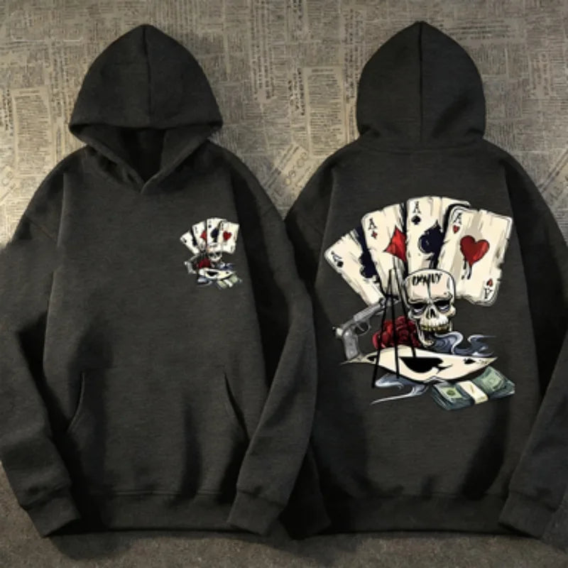 Pulôver com capuz masculino e feminino da moda, estampas de pôquer dee esqueleto da moda, roupas casuais de casal de manga comprida, estilo de rua