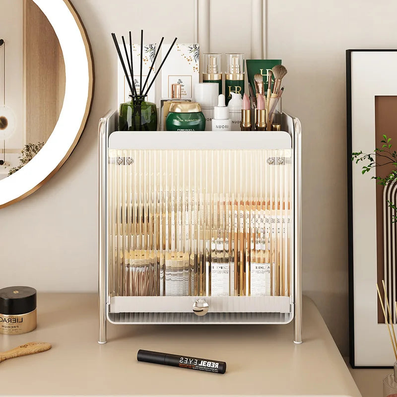 Organizadores de Maquiagem de Mesa, Caixa de Armazenamento de Cosméticos de Luxo Leve, Armário de Armazenamento à Prova de Poeira, Rack de Armazenamento para Cuidados com a Pele no Banheiro