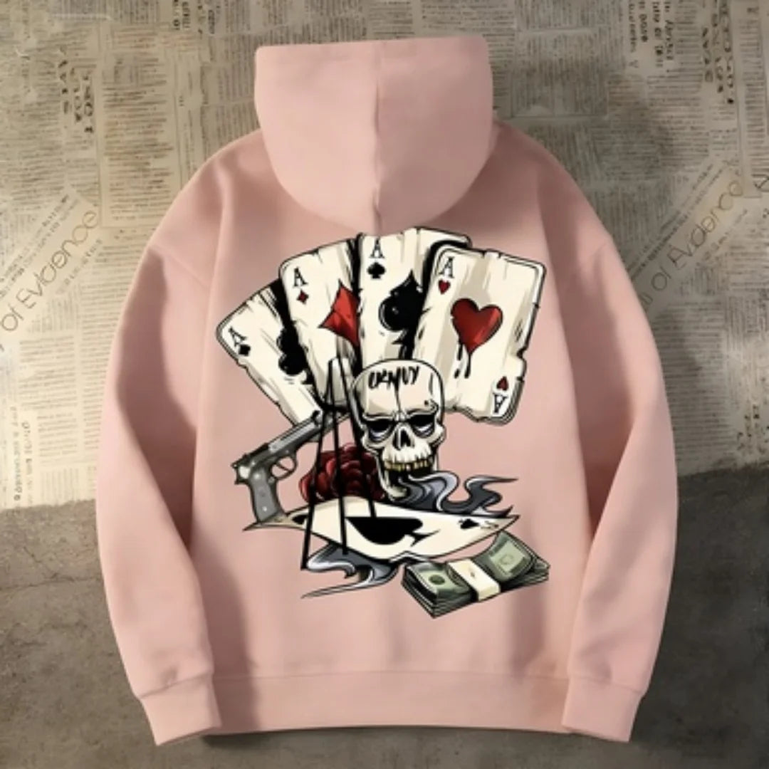 Pulôver com capuz masculino e feminino da moda, estampas de pôquer dee esqueleto da moda, roupas casuais de casal de manga comprida, estilo de rua
